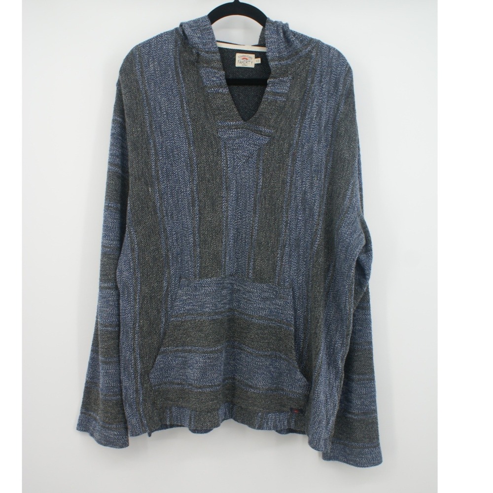 Faherty Brand Men Blue Grey Striped Cotton Baja Hoodie Pullover XL Boho Indie